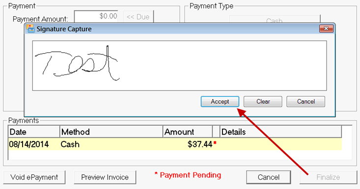 The captured signature on a popup window over the Finalize window.